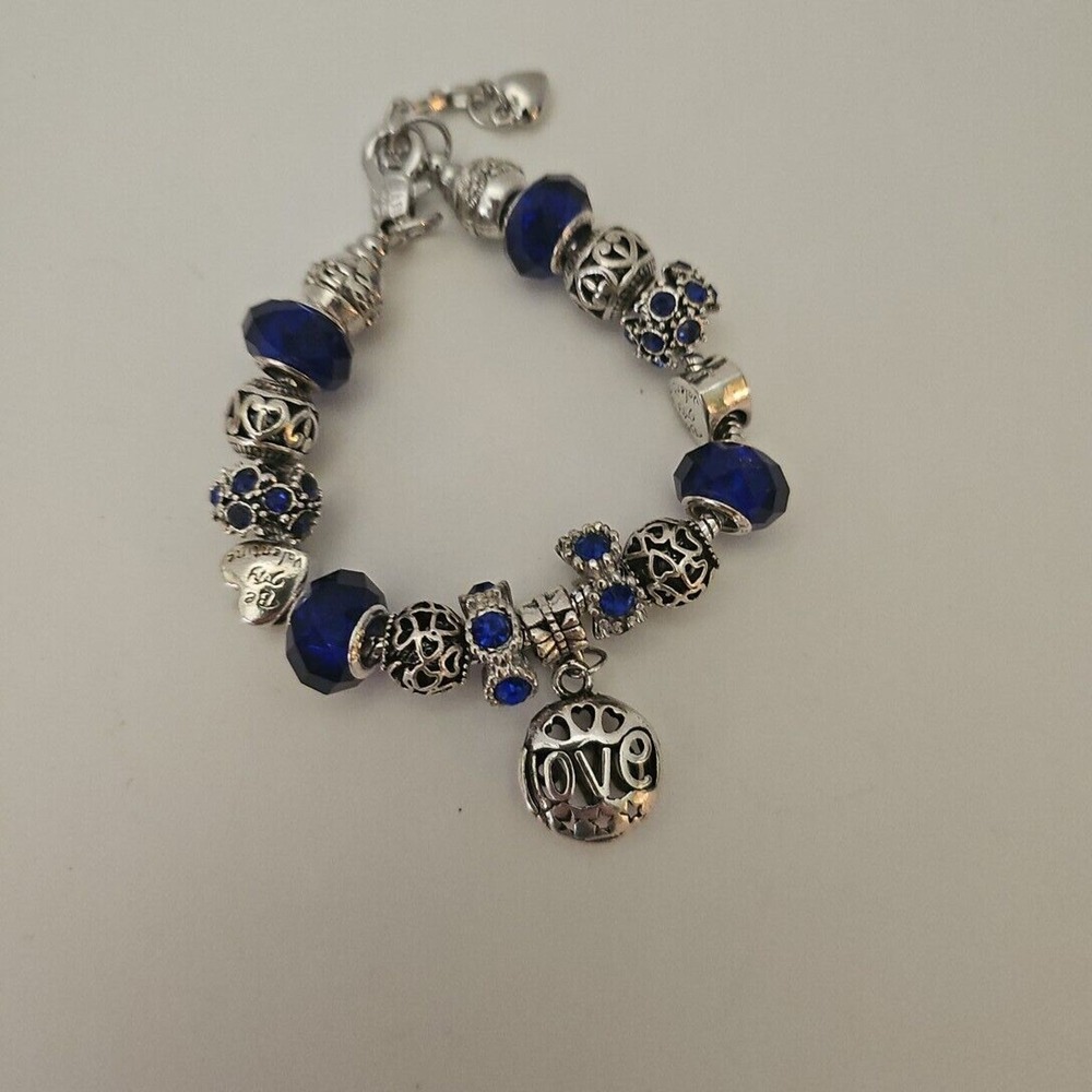 Blue Love Charm Bracelet - Silver Tone Jewelry Gift for Her - Birthday Present